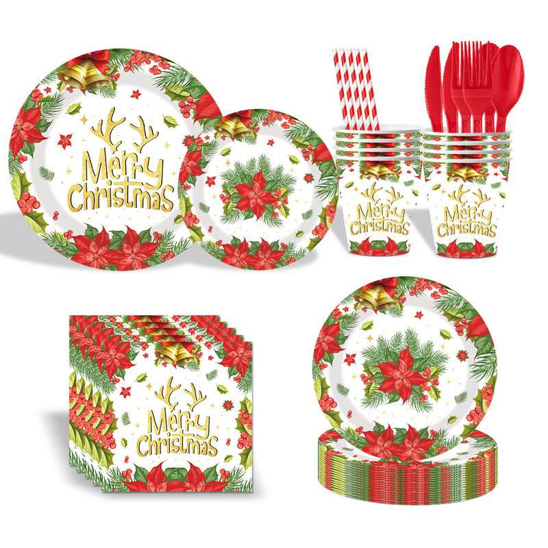 New Christmas Maple Leaf Themed Party Supplies Disposable Tableware Round Paper Plates Paper Towels Paper Cups Set Wholesale