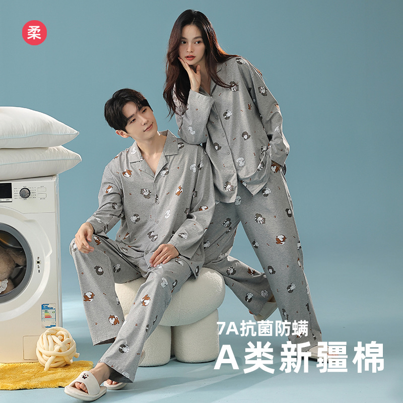 [Antibacterial Cotton] Autumn Couple Pajamas for Women, Category a Pure Cotton Long-Sleeved Cartoon Men's Home Clothes Suit Large Size