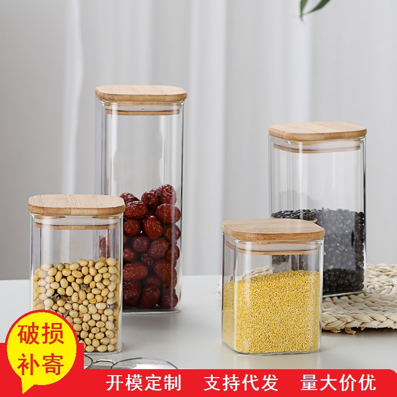 Fábrica al por mayor borosilicato cuadrado sellado tarro nuevo tarro de té de vidrio transparente tarro de almacenamiento de dulces snack tarro