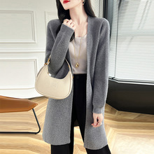 秋冬新款100羊毛纯色中长款开衫女宽松百搭休闲羊毛针织外套大衣