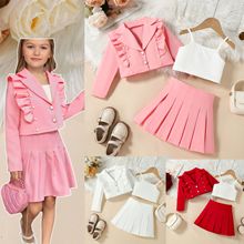 2025跨境新款欧美春秋女童木耳边飞袖西装外套吊带背心百褶裙三件