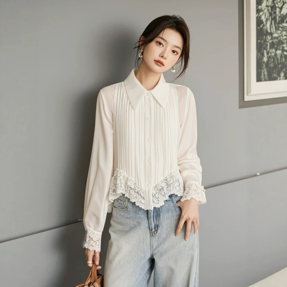 2025 Spring and Autumn New Chiffon Top, Minimalist Style, High-End Feel, Unique and Super Beautiful White Lace Long-Sleeve Shirt