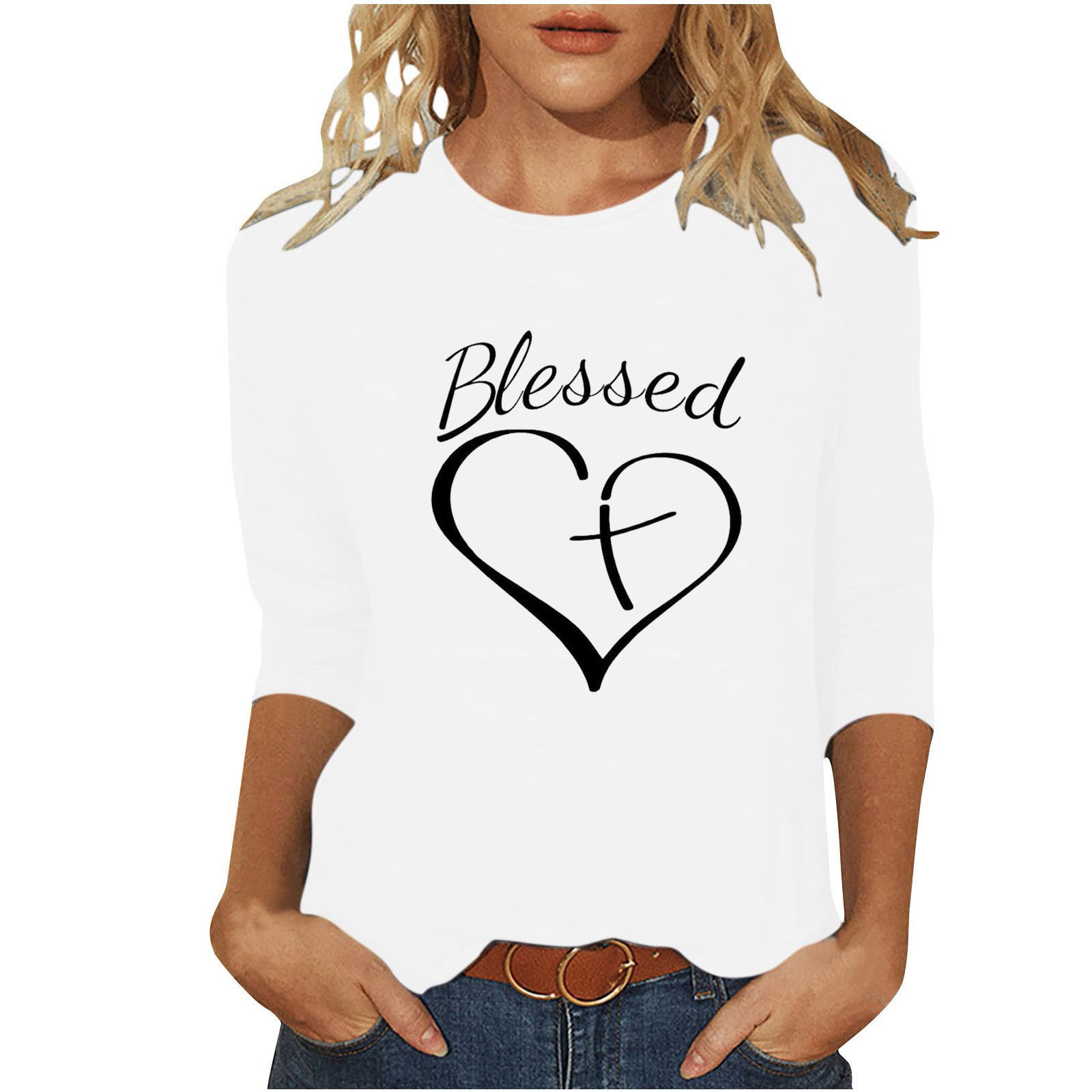 Women's T-shirt 3/4 Length Sleeve T-shirts Casual Basic Letter Heart Shape display picture 10