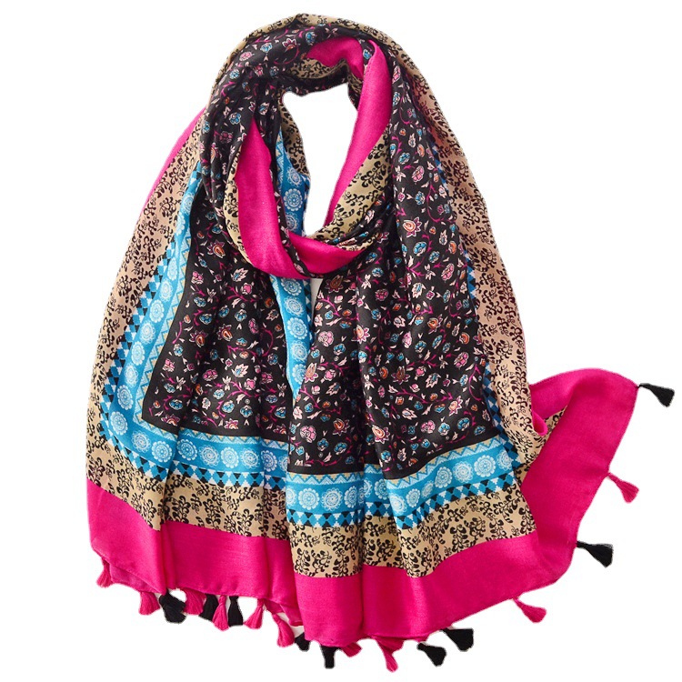 Otoño e invierno nuevo algodón y lino sensación bufanda de seda costura floral largo hecho a mano borla chal viaje protección solar bufanda caliente