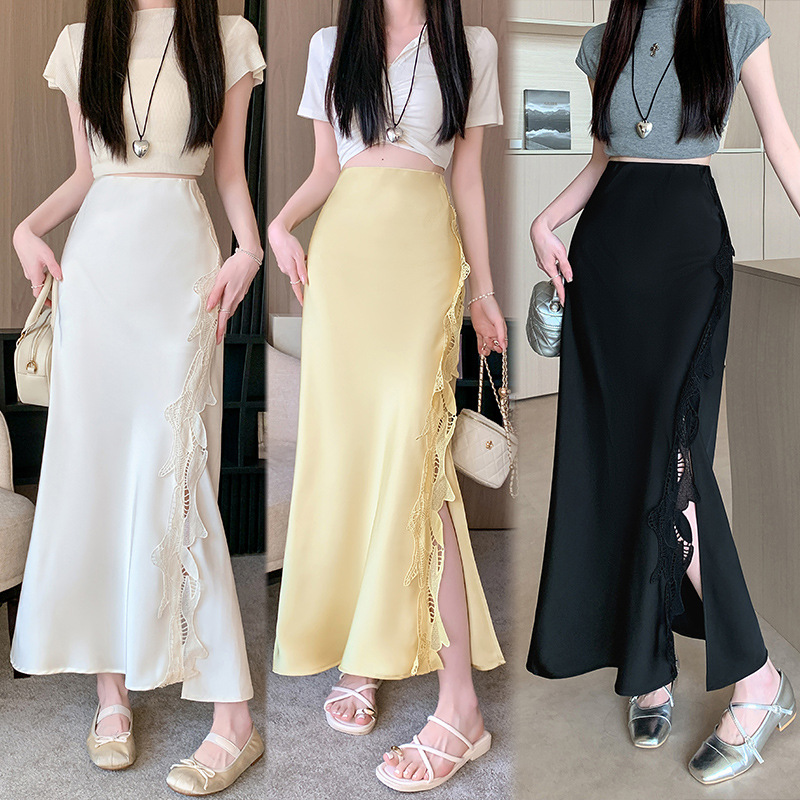 实拍2025仿真丝缎面半身裙春夏新开叉蕾丝花边受邀显瘦包臀裙