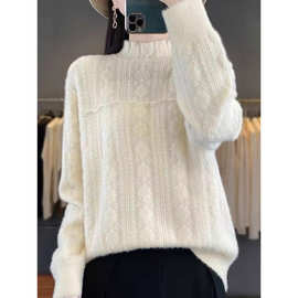 珍珠花边半高领针织衫重工提花套头打底上衣秋冬新款毛衣女内搭