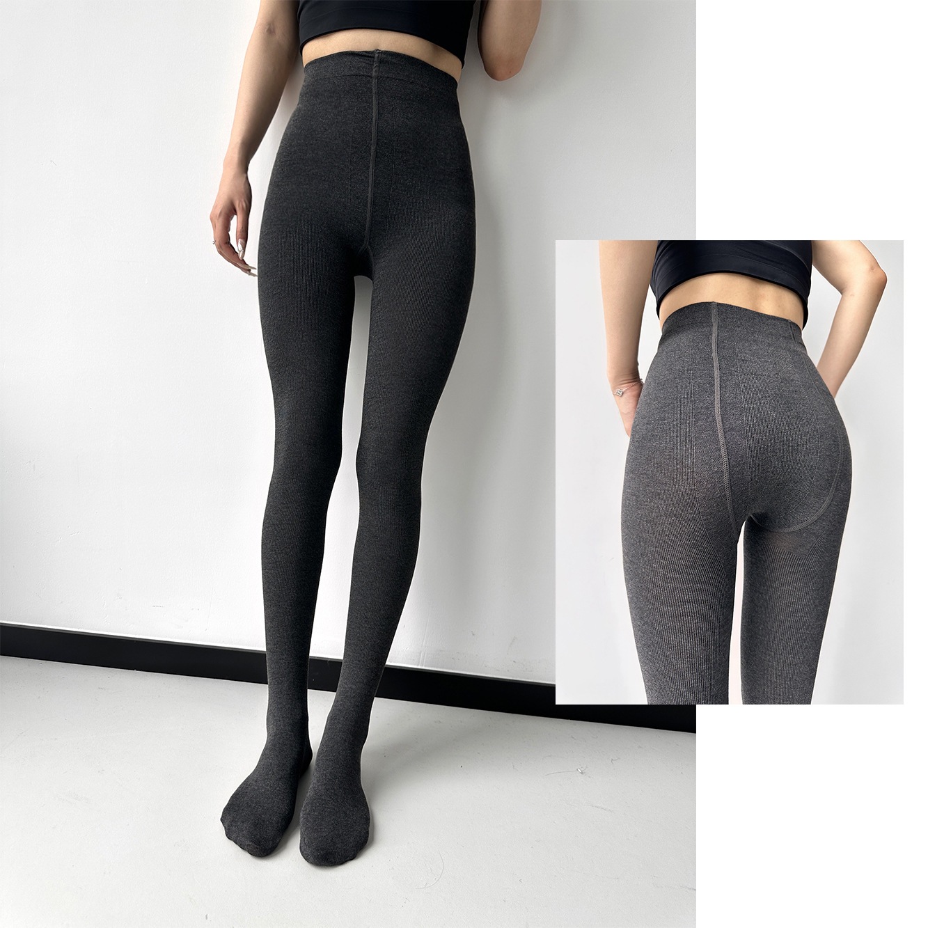 Spring and Summer New Thin Cotton Vertical Striped Non-Fleece Leggings for Women, Gray High-Waisted Tights