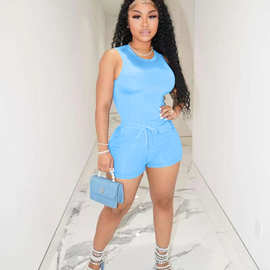 Y5230 夏季欧美女装时尚休闲无袖隐形拉链性感连体裤搭配运动短裤