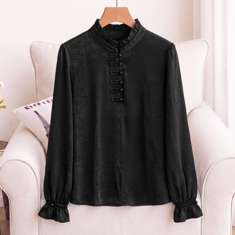 New Chinese-style stand-collar ruffled shirt for women, 2026 autumn new model, high-end black long-sleeve satin top with button closure New Chinese-style stand-collar ruffled shirt for women, 2026 autumn new model, high-end black long-sleeve satin top with button closure