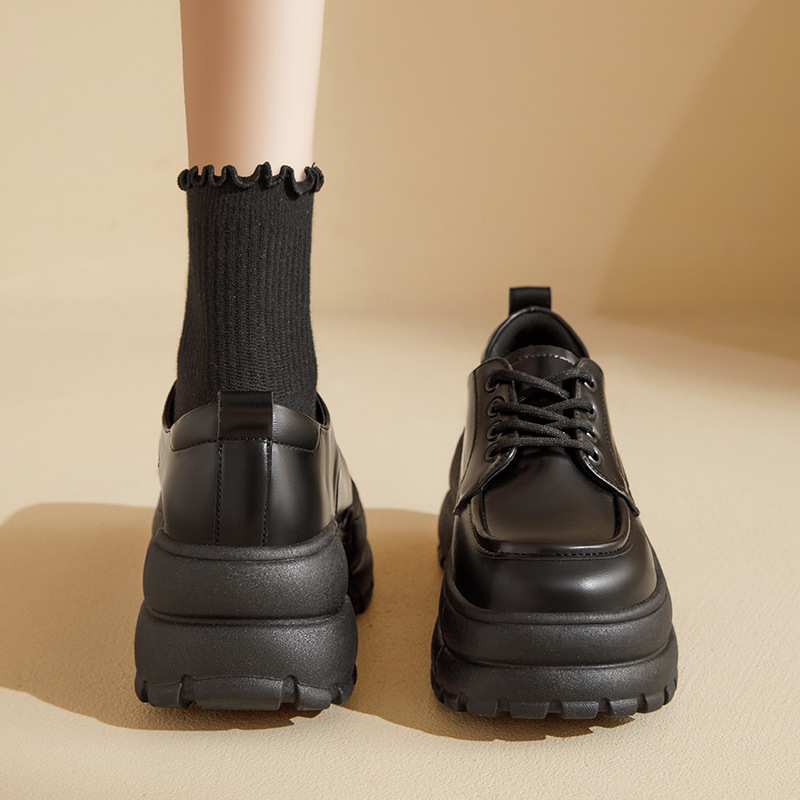 Augusden Thick-Soled Loafers for Women 2026 New Spring Black Lace-Up British-Style Leather Shoes for Commuting