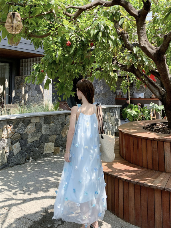 甘い海辺の休暇ドレス夏の立体花今年人気の美しいスカートルーズサスペンダーロングスカート|undefined
