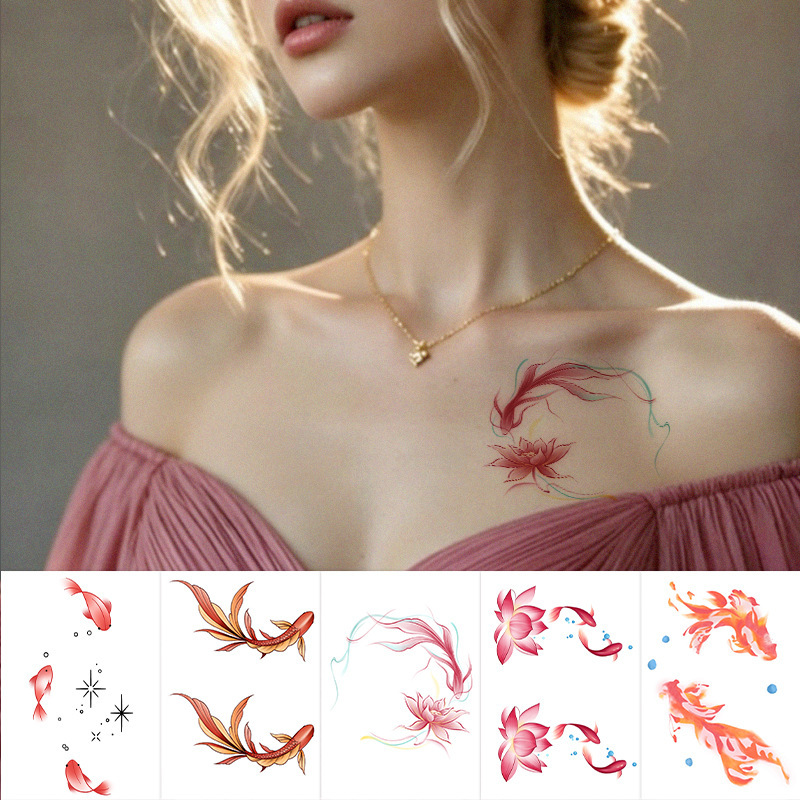 Cross-Border Popular Ins-Style Colorful Sweet-Cool Spicy Girl Wrist and Collarbone Koi Goldfish Temporary Tattoo Stickers Cross-Border Popular Ins-Style Colorful Sweet-Cool Spicy Girl Wrist and Collarbone Koi Goldfish Temporary Tattoo Stickers