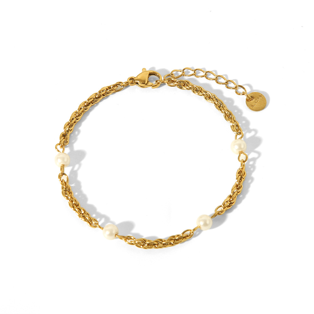 304 Stainless Steel 18K Gold Plated Basic Simple Style Commute Plating Inlay Geometric Artificial Pearls Bracelets display picture 2