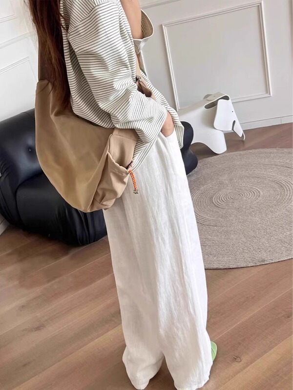 ホワイトリネンワイドレッグパンツ女性の夏薄い 2025 新しいオールドマネースタイルハイウエストストレートアイスシルクカジュアルパンツ|undefined