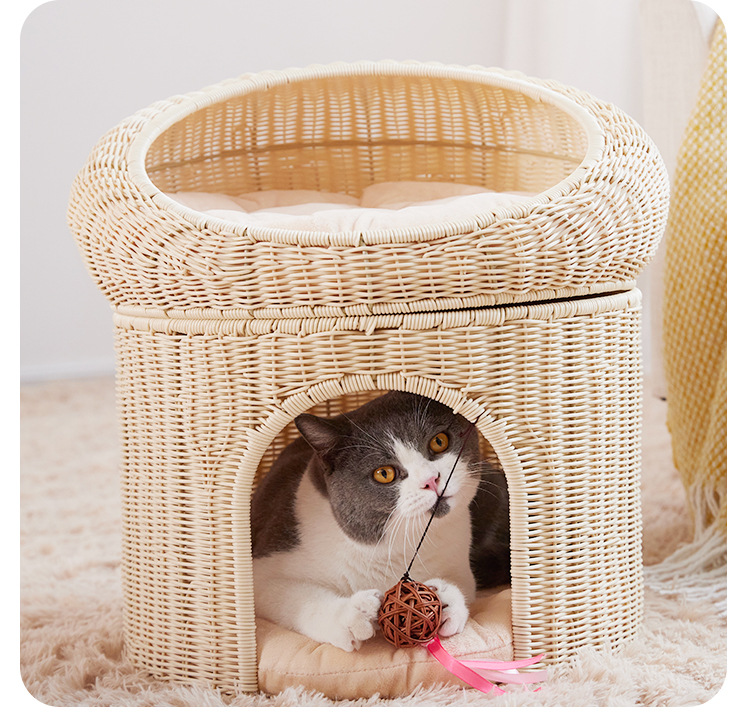 Gato Verano Fresco Gato nido de ratán transpirable Casa bebé gato nido cuatro estaciones universal de doble capa semi-cerrado nido de mascotas