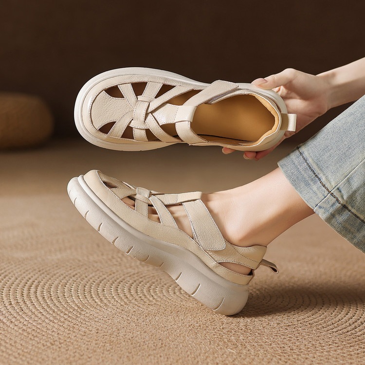Sandal nữ đế dày da cừu phối quai ngang phong cách học đường — màu đen, màu trắng ngà chi tiết 32