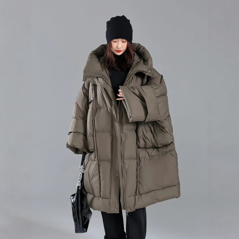 2026 European Women's Long Hooded down Jacket, Thickened Over-The-Knee White Duck down Warm Coat, Loose Fit for Commuting