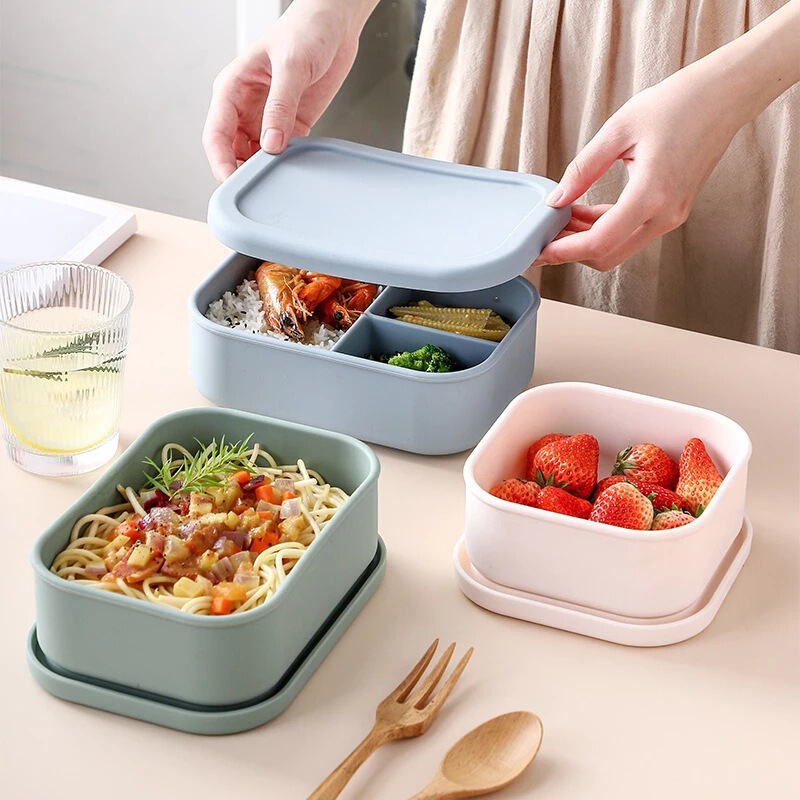 国境を越えた売れ筋の和風弁当箱、食品グレードのシリコン製角型弁当箱、弁当箱、防臭三つ仕切り弁当箱|undefined