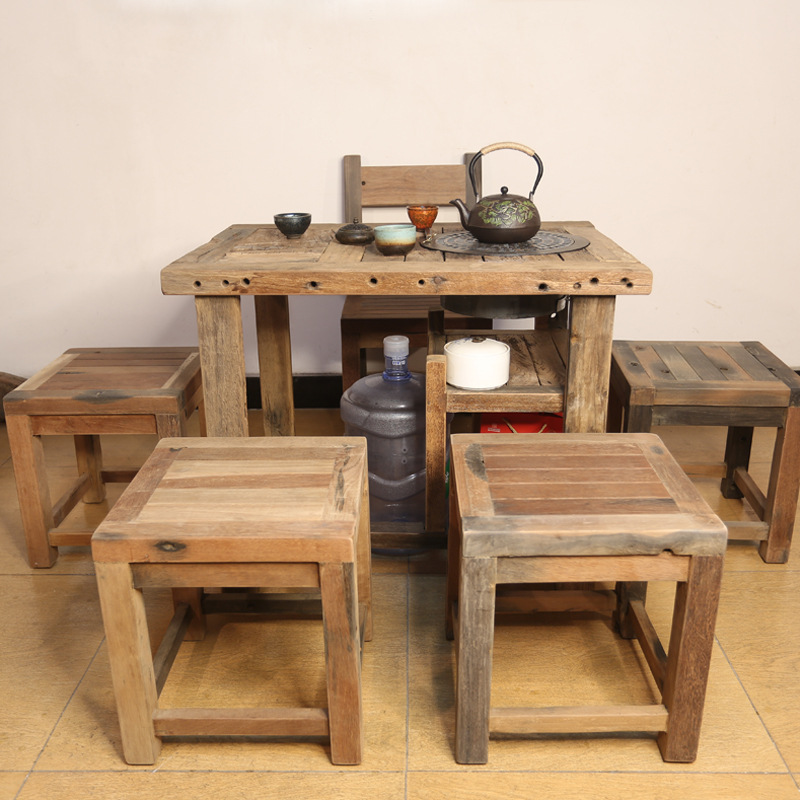 Solid Wood Tea Table and Chair Set, Tea Table, Household Small Tea Table, Balcony Solid Wood Tea Set, Boat Wood Tea Table