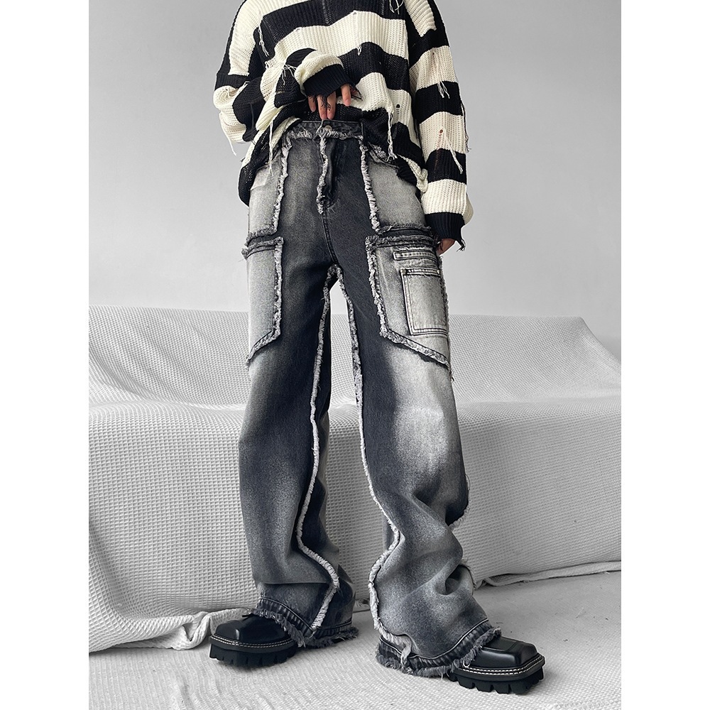 High Street Niche Design Tooling Jeans Men's Loose Straight Autumn And Winter Rough Edge Casual Trousers Ins Trendy Trousers_viptrois.com