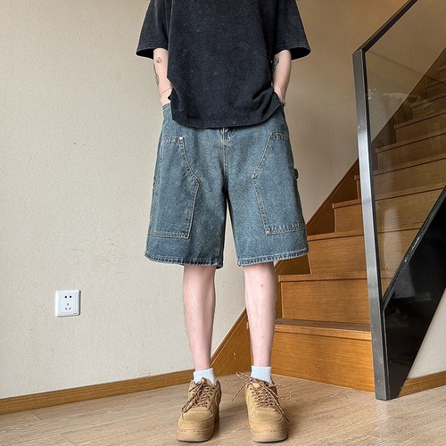 Men's Summer Thin Fashion Brand Loose-Fit Straight-Style Cropped Denim Shorts — American Vintage Washed-Effect Casual Pants