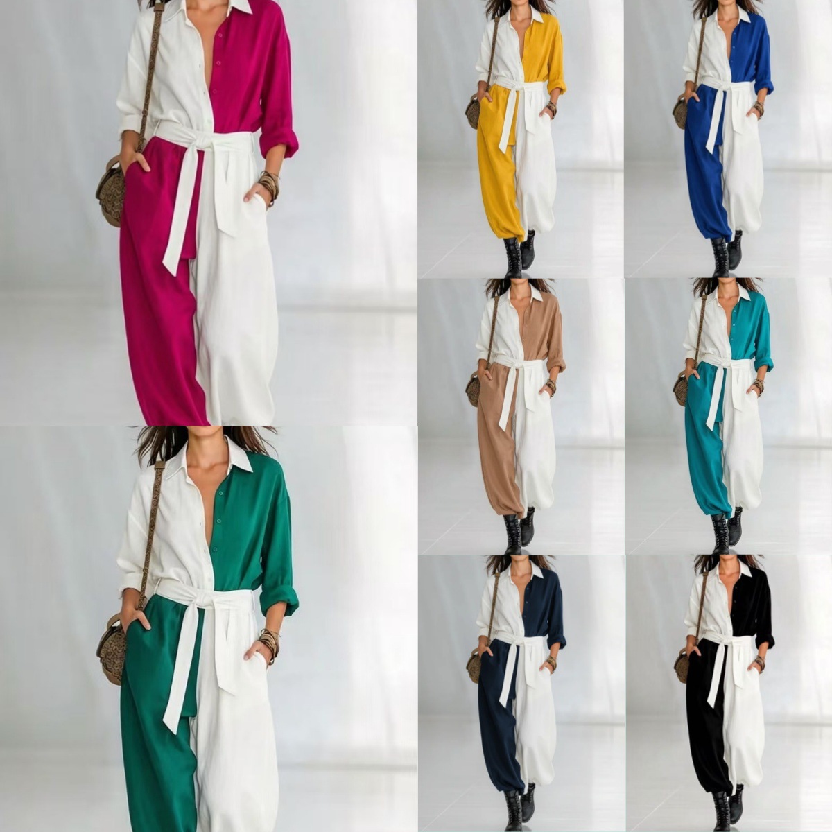Damen Jumpsuit Mit Langarm Patchwork Und Gürtel Für Den Frühling_voghion.com