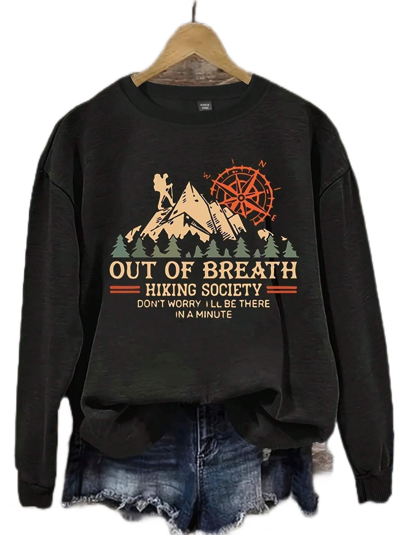 Women Casual Soft Pullover Hiking Society Printing Sweatshir