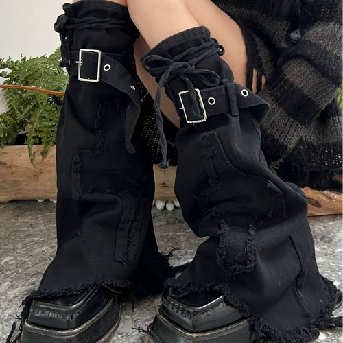 Y2K Hot Girl Black Denim Leg Covers Slim Flare Drawstring Pile Socks Cross Design Boot Covers Trendy Sock Covers