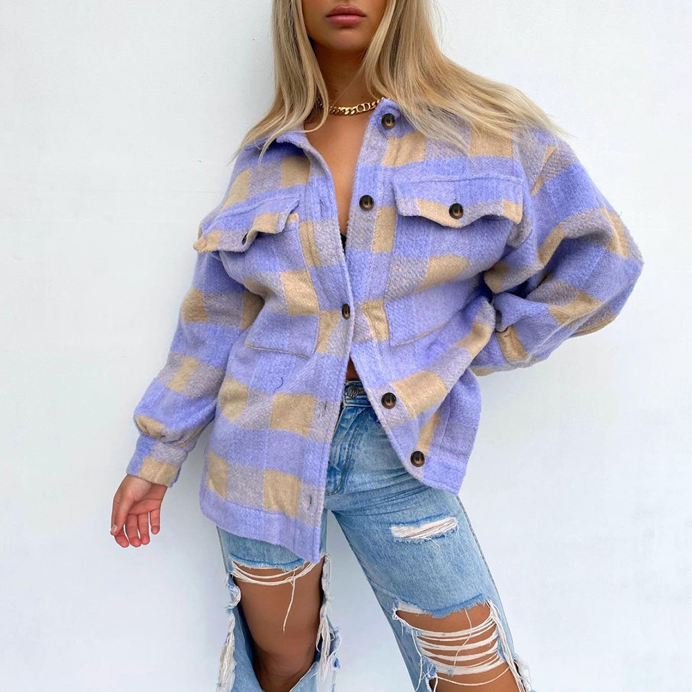 Casual Plaid Printed Long-Sleeved Shirt Jacket NSKX108713