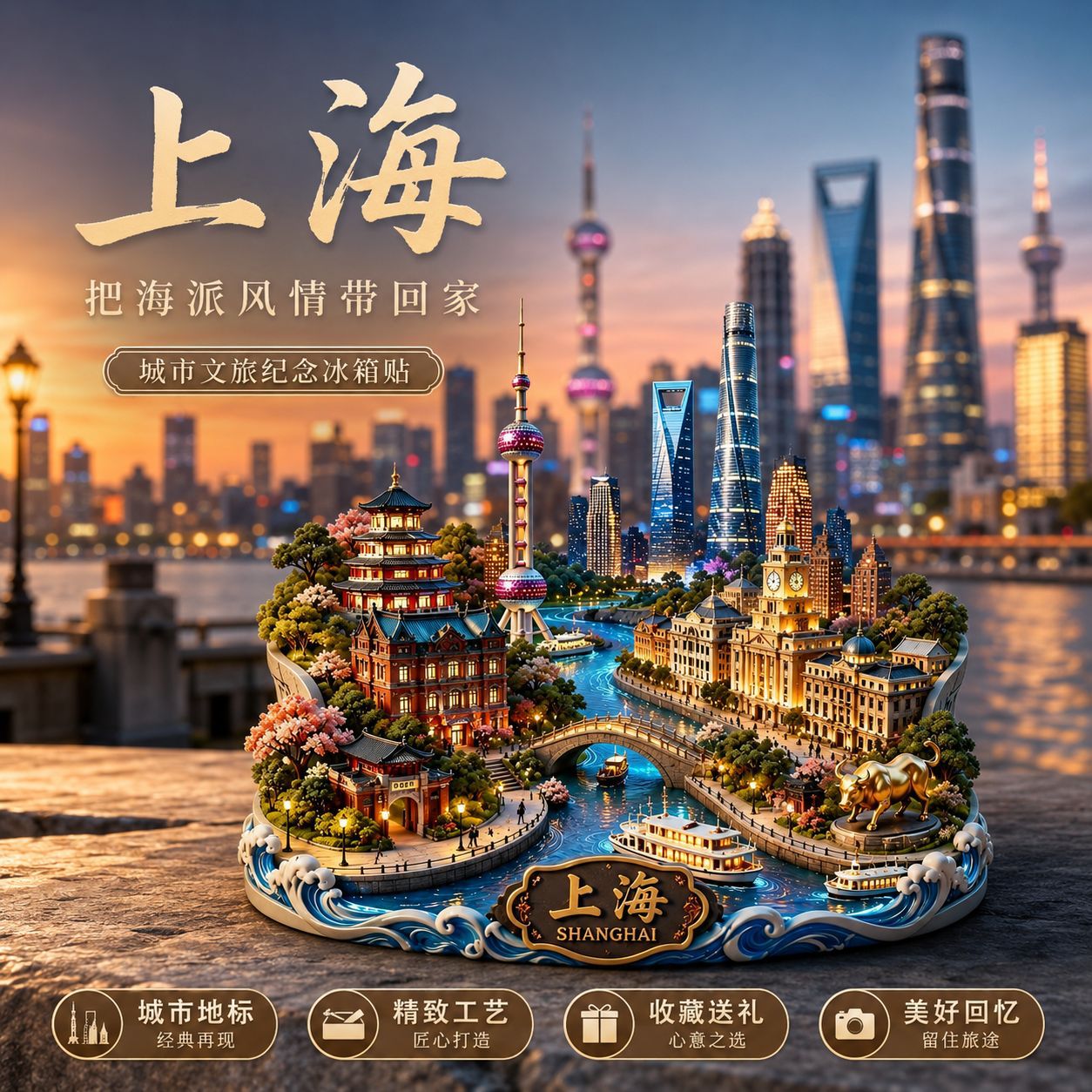 网红爆款夜上海金属冰箱贴浮雕旅游景点纪念品文创伴手礼磁吸装饰