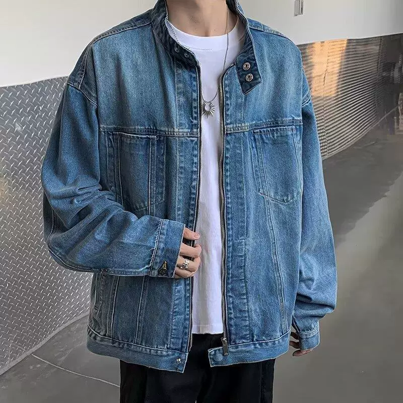 Старая ретро американская мотоциклетная джинсовая куртка на молнии мужская весенняя и осенняя свободная приливная карта высокого уличного воротничка мужская