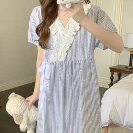 韩国ins女士夏韩系条纹碎花简约舒适花边睡裙休闲宽松慵懒家居服
