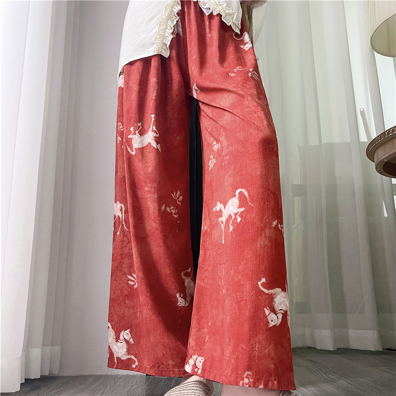 Pantalones de pijama de seda de algodón para mujer Pantalones de pierna ancha casuales impresos de dibujos animados delgados de verano las mujeres embarazadas pueden usar pantalones de comercio exterior pantalones de una sola capa