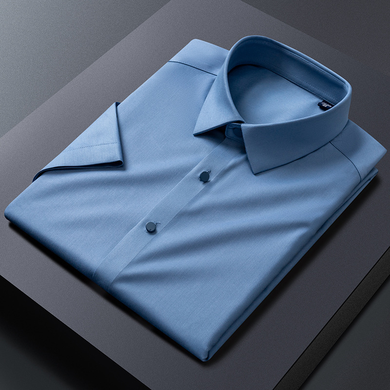 2024 Summer Men's Shirt Light Business Light Luxury Bamboo Fiber Breathable Work Wedding Anti-Wrinkle Seamless Short-Sleeved Shirt
