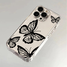黑色线条蝴蝶适用iPhone15promax太空手机壳14透明精孔13/12软壳