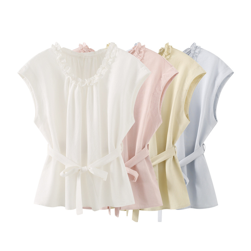 Uc&Za Cross-Border Women's Outerwear 2026 Summer New Lace Collar Tie Waist Shirt Elegant Slimming Top Uc&Za Cross-Border Women's Outerwear 2026 Summer New Lace Collar Tie Waist Shirt Elegant Slimming Top
