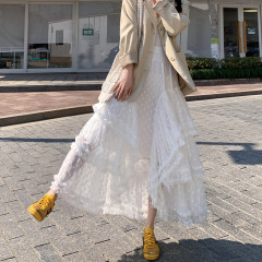 初秋メッシュスカート女性のための 2025 春ハイウエストスリムプリーツミッドレングス妖精気質 A ラインケーキスカート