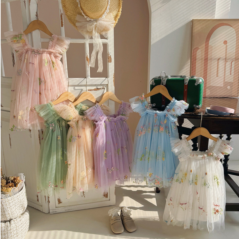 summer tulle dress for girls花朵甜美网纱女童连衣裙飞袖公主裙|undefined