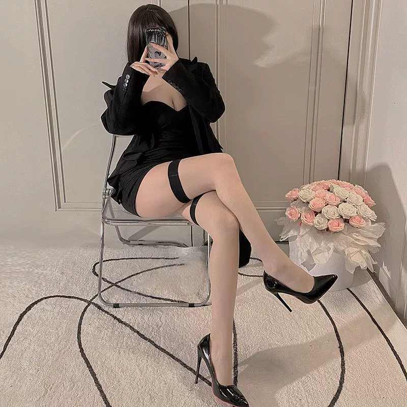 Ultra thin high boots, white tights, black colored lace socks