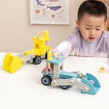 巴比伯木质玩具车模型套装儿童木质工程车拆装蓝色维修车拼搭组装
