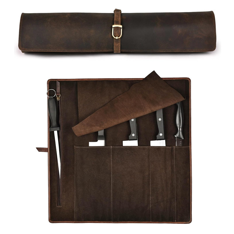 Genuine Leather Knife Roll Bag Professional Chef Durable Knife Sheath Cowhide Storage Bag Cooking Utensil Organizer Storage Bag