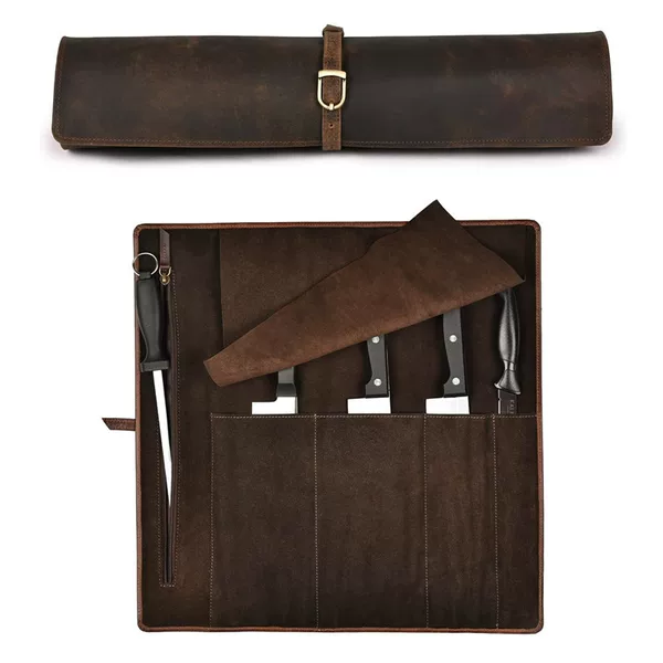 Genuine Leather Knife Roll Bag Professional Chef Durable Knife Sheath Cowhide Storage Bag Cooking Utensil Organizer Storage Bag