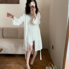 韩系极简一片式吊带睡裙 女 轻薄垂感慵懒风收腰绑带居家晨袍浴袍