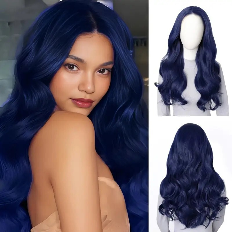European and American New Wig Dark Blue Medium Parted Long Curly Wig Headgear Wig High Temperature Chemical Fiber Blue Long Curly Hair