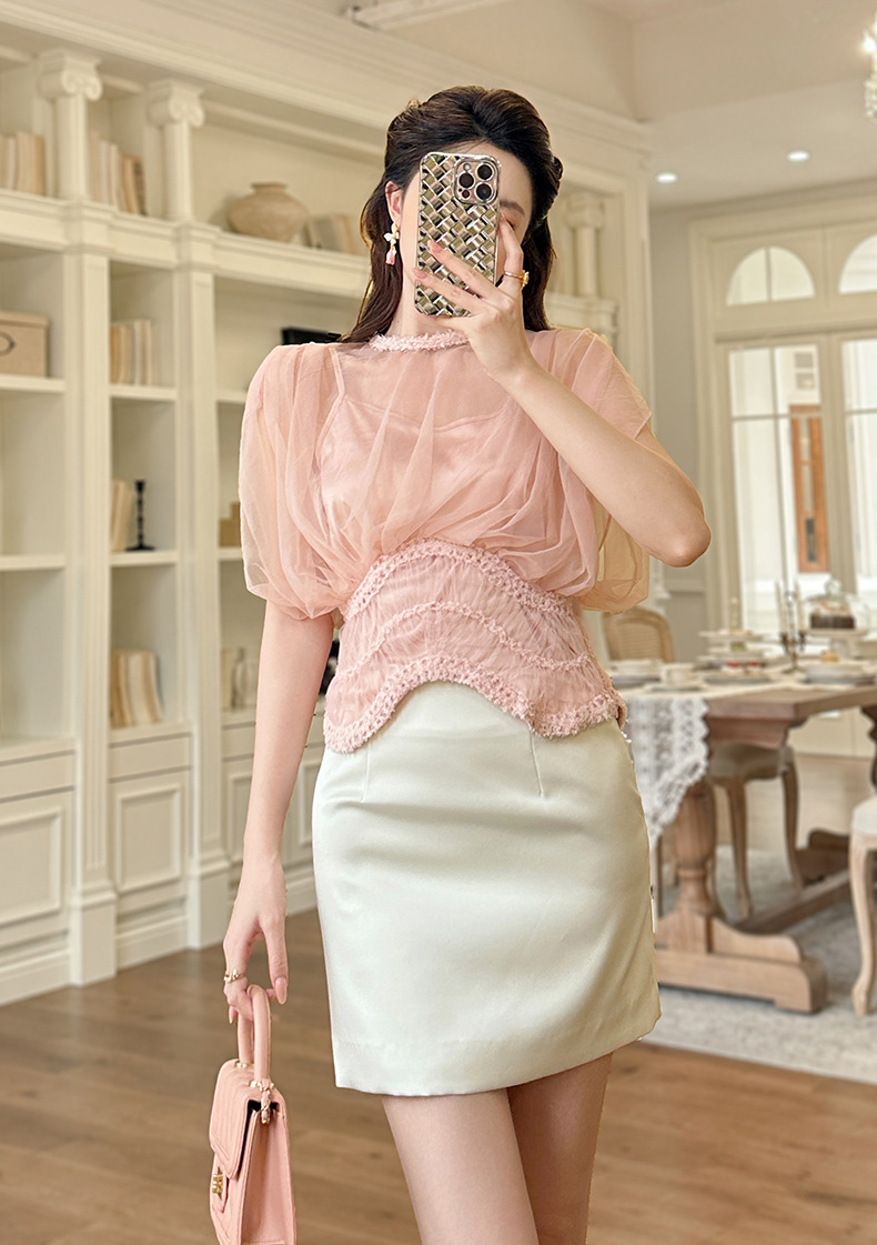 Áo lưới nữ phong cách Pháp tay cánh dơi thắt eo giả hai mảnh — hồng chi tiết 1