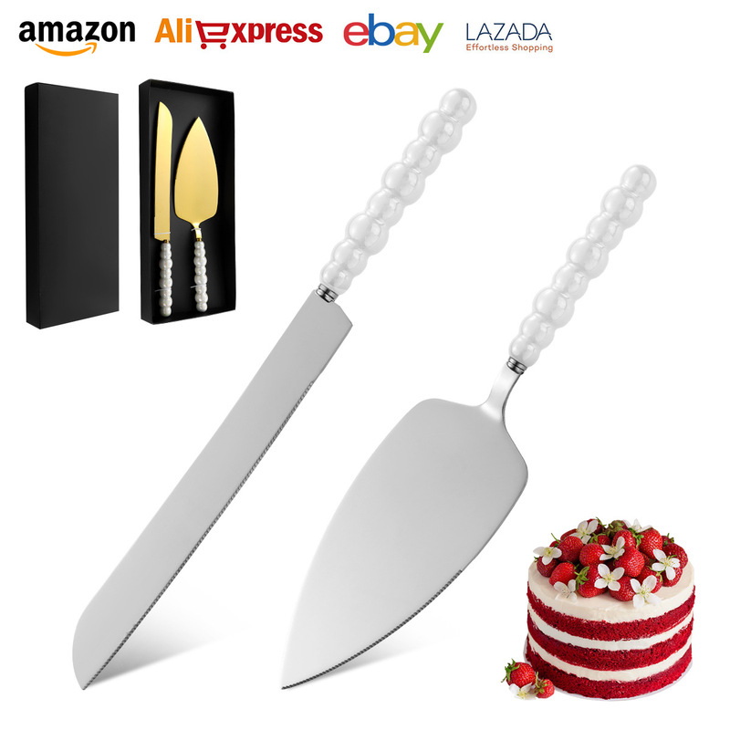Pearl Ceramic Handle 430 Stainless Steel Cake Knife Set with High Aesthetic Value for Weddings, Birthdays, Parties, Baking, and Pizza Cutting