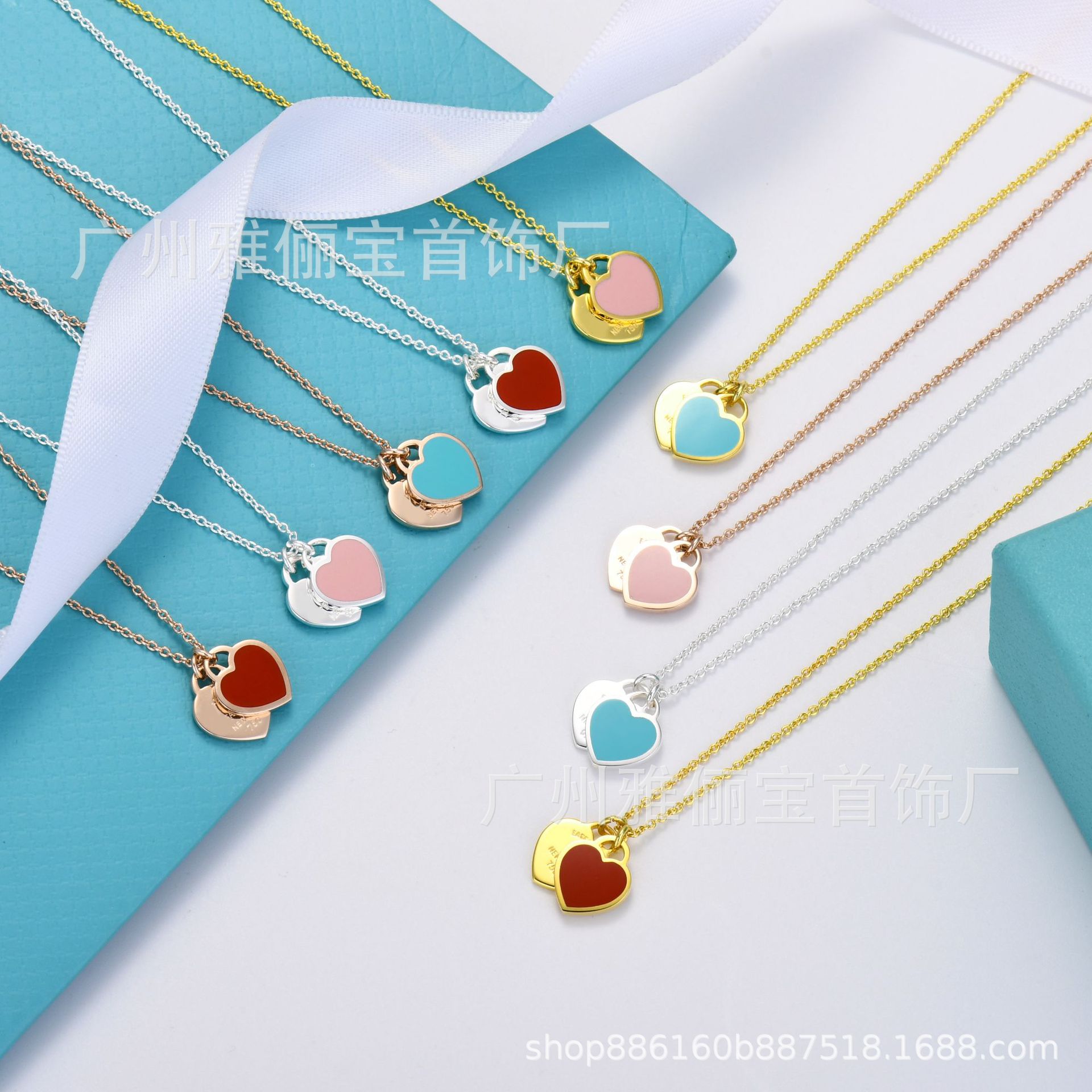Alta versión T hogar esmalte azul corazón doble corazón amor collar femenino blanco cobre plateado CNC acero sello mini corazón colgante collar