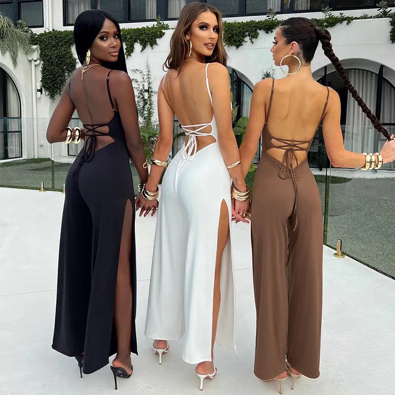 European and American Foreign Trade Hot-Selling New Model Solid Color Slit Long Pants Dress with Straps, Sexy Backless Tie-Up Jumpsuit Dress