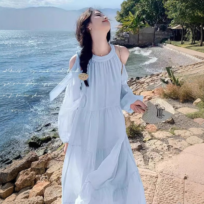 Seaside Holiday dress Women's Summer 2025 New Sweet and Gentle French Style Elegant Beautiful Shoulder Beach Dress