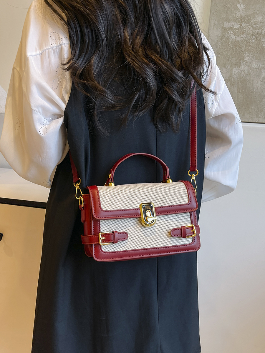 Bolso de mano de alta calidad para mujer 2025 nuevo bolso cuadrado pequeño con costuras de color en contraste retro textura de lino bandolera para mujer